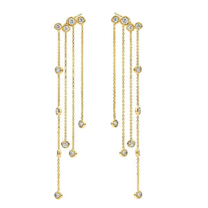925 Silver CZ Station Chain Tassel Drop Earrings