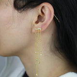 925 Silver CZ Station Chain Tassel Drop Earrings
