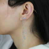 925 Silver CZ Station Chain Tassel Drop Earrings