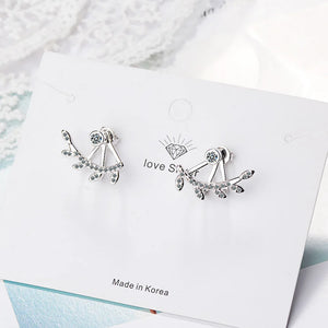 925 Silver Zircon Whirl Leaf Stud Earrings For Women