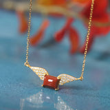 925 Silver Wing Red Agate Hotan Jade Pendant Necklace Zircon Gemstone Jewelry