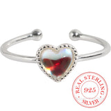 925 Silver Glass Heart Rings Colorful Crystal Moonstone Adjustable Bague