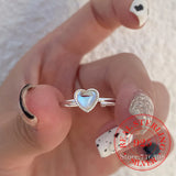 925 Silver Glass Heart Rings Colorful Crystal Moonstone Adjustable Bague