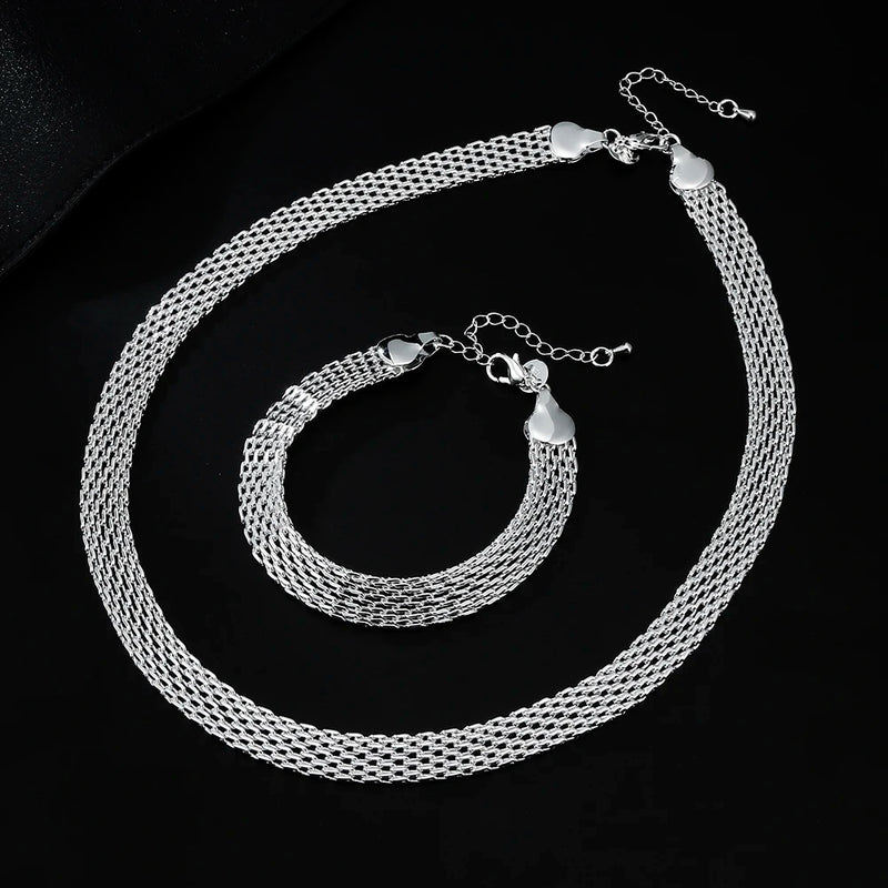 925 Silver Net Chain Bracelets Necklaces Set for Women