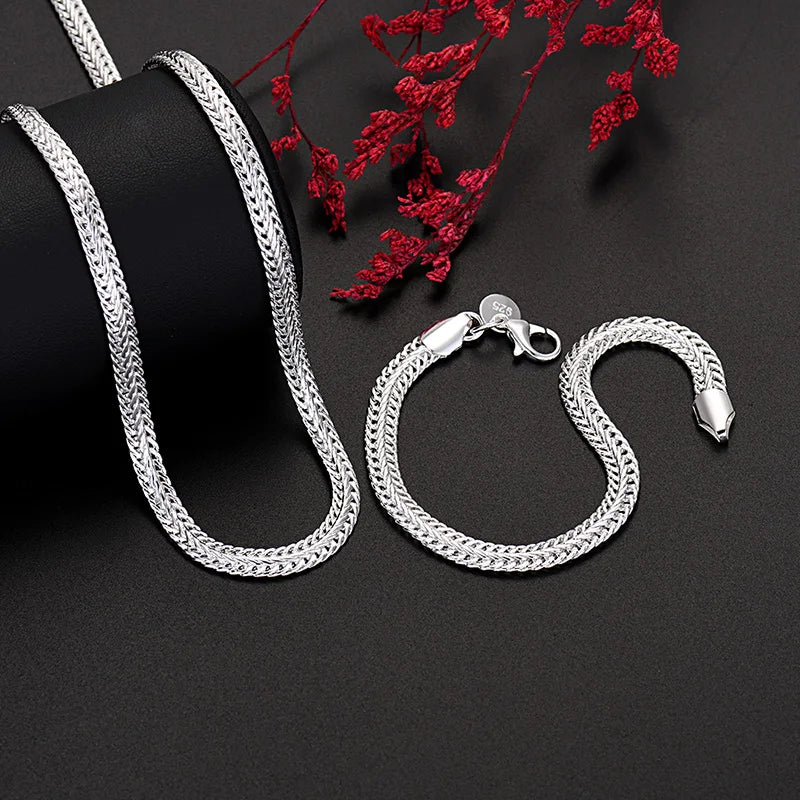 925 Sterling Silver 6MM Geometry Chain Bracelet Necklace Set