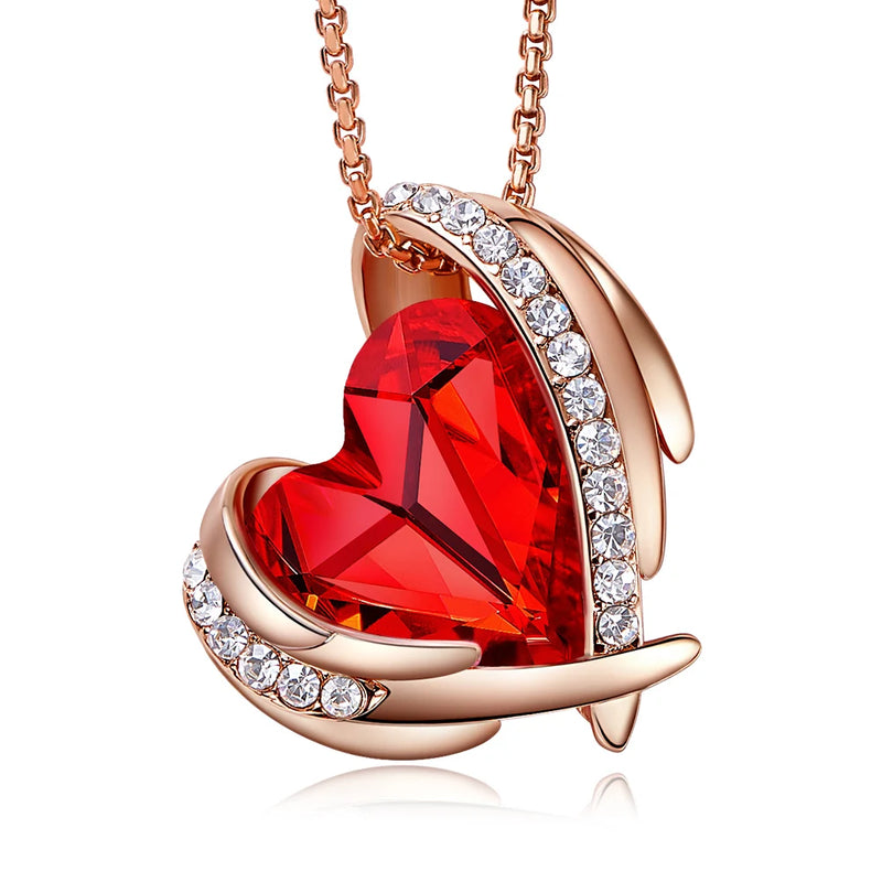 Angel Wings Love Heart Pendant Necklace Pink Austrian Crystal Valentines Jewelry