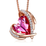 Angel Wings Love Heart Pendant Necklace Pink Austrian Crystal Valentines Jewelry