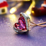 Angel Wings Love Heart Pendant Necklace Pink Austrian Crystal Valentines Jewelry