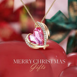Angel Wings Love Heart Pendant Necklace Pink Austrian Crystal Valentines Jewelry