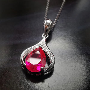 Ruby Teardrop Pendant Necklace, Sterling Silver, Fuchsia Stone, Gift for Girls