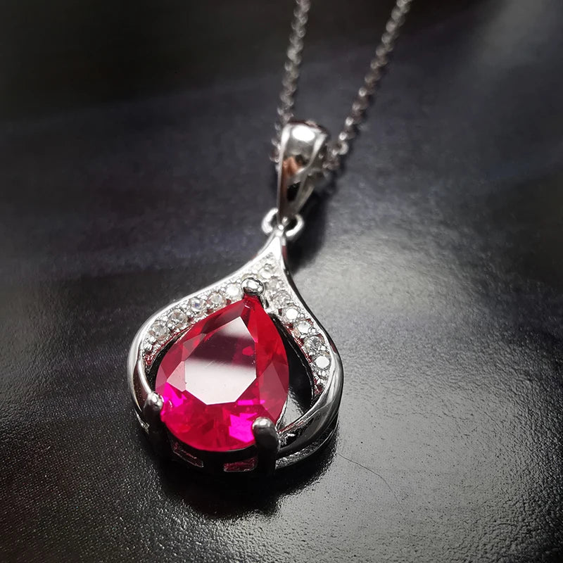 Ruby Teardrop Pendant Necklace, Sterling Silver, Fuchsia Stone, Gift for Girls
