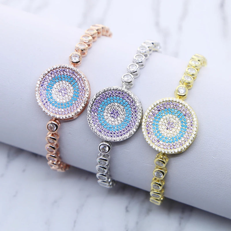 Adjustable Evil Eye Charm Bracelet with Rainbow Cz Charms