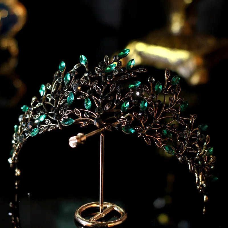 Baroque Green Crystal Leaf Bridal Crown Tiaras Rhinestone Crowns