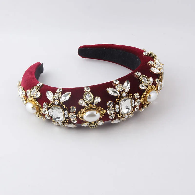 Baroque Rhinestone Headband Hand-sewn Flower Broad-brimmed Headband