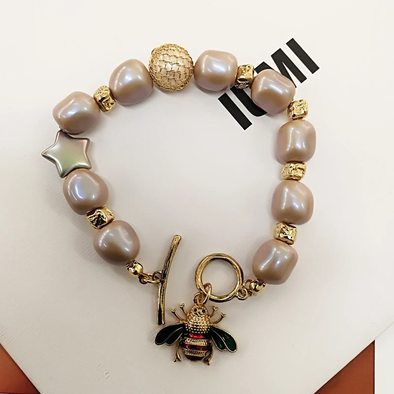 Bee Pearl Elastic charm bracelet bangle j...