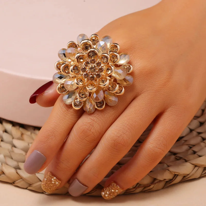 Champagne Crystal Flower Ring for Women