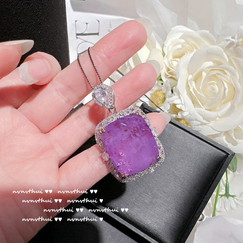 Purple Tourmaline Amethyst Pendant Necklace with Chain Plated Sweater