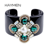 Crystal Beads Flower Cuff Bracelet Statement Bangle