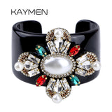 Crystal Beads Flower Cuff Bracelet Statement Bangle