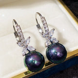 Black/Purple Drop Pearls Earrings Solid 925 Silver Needle Ear Hook