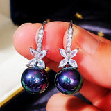Black/Purple Drop Pearls Earrings Solid 925 Silver Needle Ear Hook