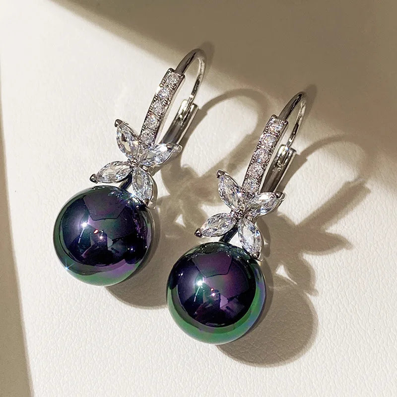 Black/Purple Drop Pearls Earrings Solid 925 Silver Needle Ear Hook