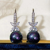 Black/Purple Drop Pearls Earrings Solid 925 Silver Needle Ear Hook