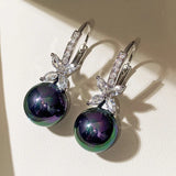 Black/Purple Drop Pearls Earrings Solid 925 Silver Needle Ear Hook