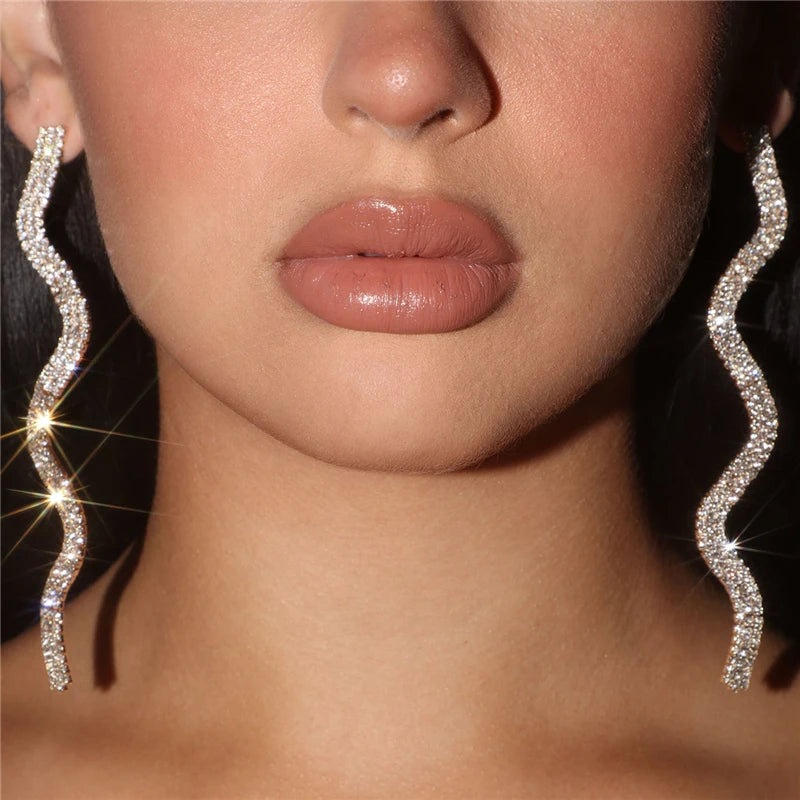 Rhinestone Waves Fringe Chain Earrings Ball Jewelry