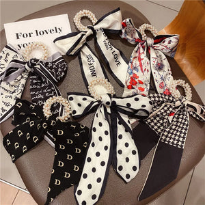 Beaded Bow Tiara Soft Headband Pearl Elastic Hair Ribbon Silk Scarf Hair Tie