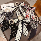 Beaded Bow Tiara Soft Headband Pearl Elastic Hair Ribbon Silk Scarf Hair Tie