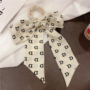 Beaded Bow Tiara Soft Headband Pearl Elastic Hair Ribbon Silk Scarf Hair Tie