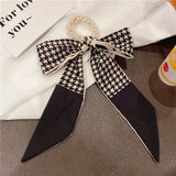 Beaded Bow Tiara Soft Headband Pearl Elastic Hair Ribbon Silk Scarf Hair Tie