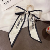 Beaded Bow Tiara Soft Headband Pearl Elastic Hair Ribbon Silk Scarf Hair Tie