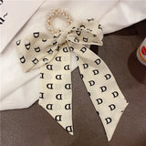 Beaded Bow Tiara Soft Headband Pearl Elastic Hair Ribbon Silk Scarf Hair Tie