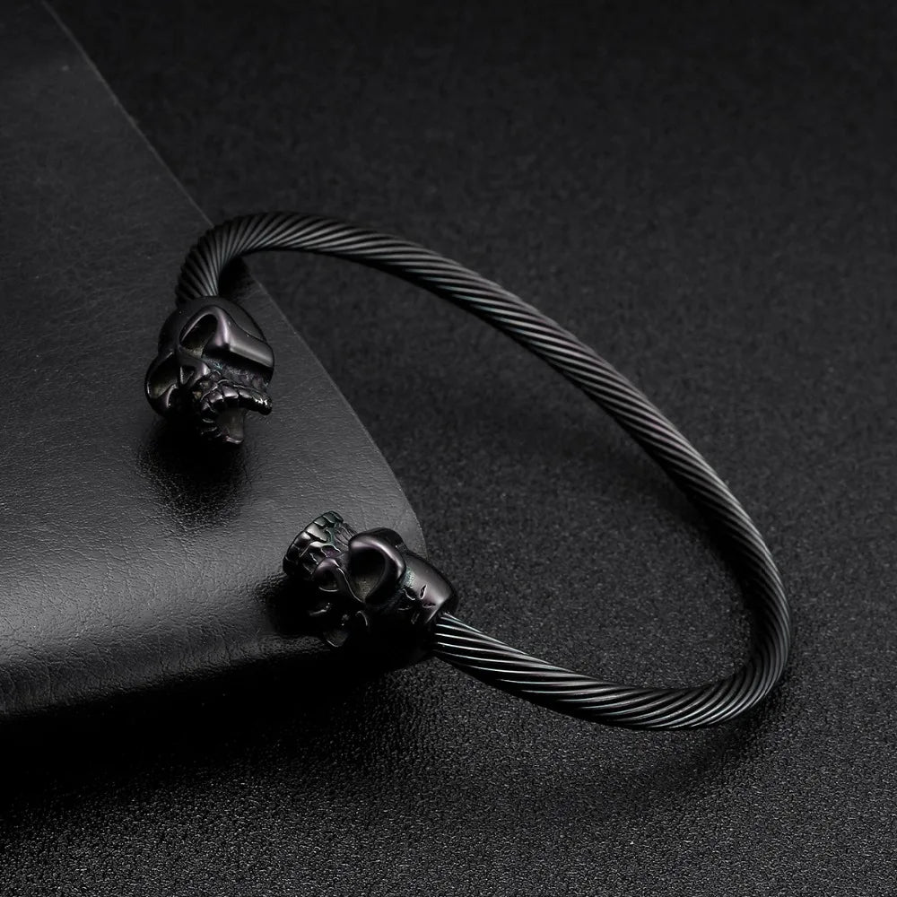 Braided Stainless Steel Skull Bangles Men Sporty Jewelry