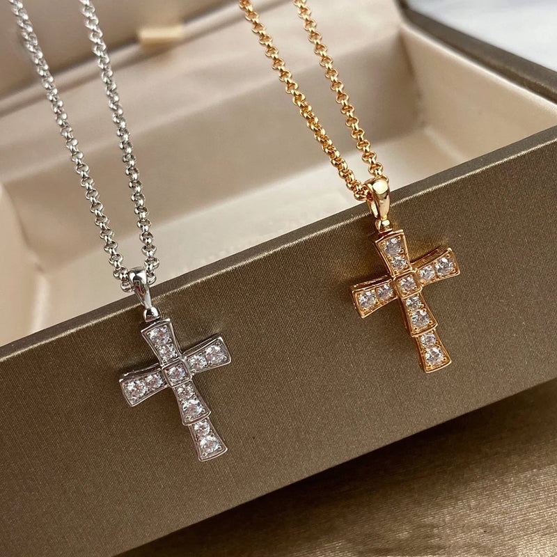 S925 Silver Cross Pendant Long Necklace Women Fine Jewelry