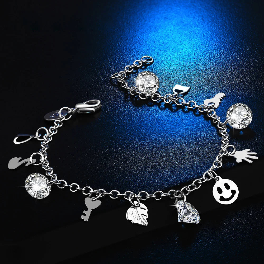 Crystal Charm Bracelet Silver Key Bangles Jewelry