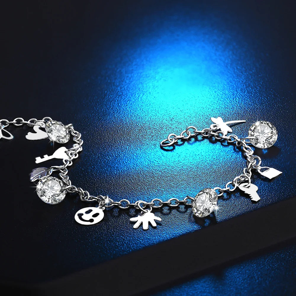 Crystal Charm Bracelet Silver Key Bangles Jewelry