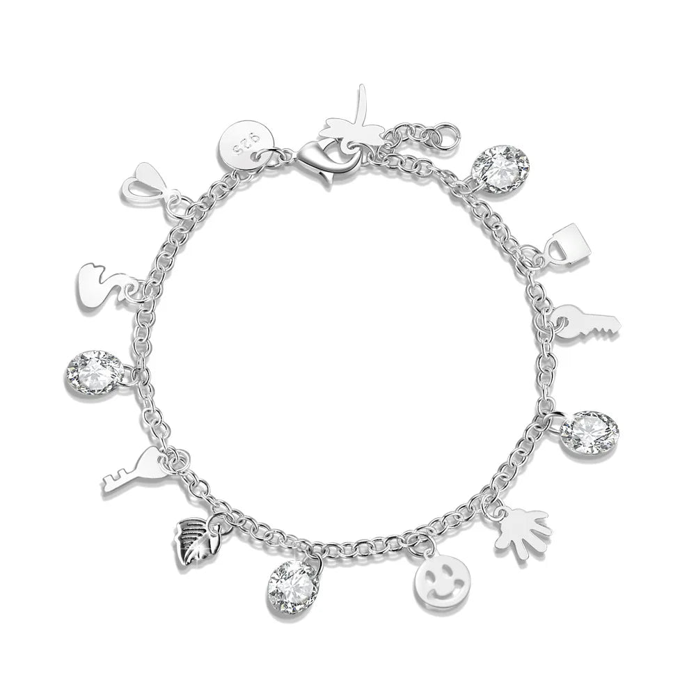 Crystal Charm Bracelet Silver Key Bangles Jewelry