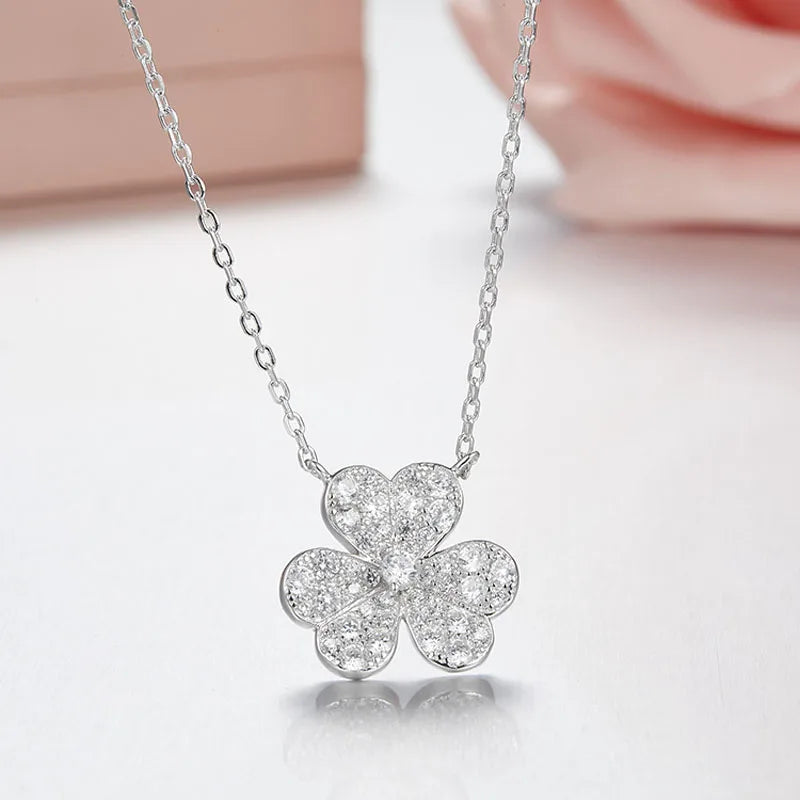 925 Silver CZ Three Leaves Flower Clover Pendant Necklace