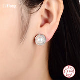 925 Silver Freshwater Pearl Zircon Stud Earrings for Women
