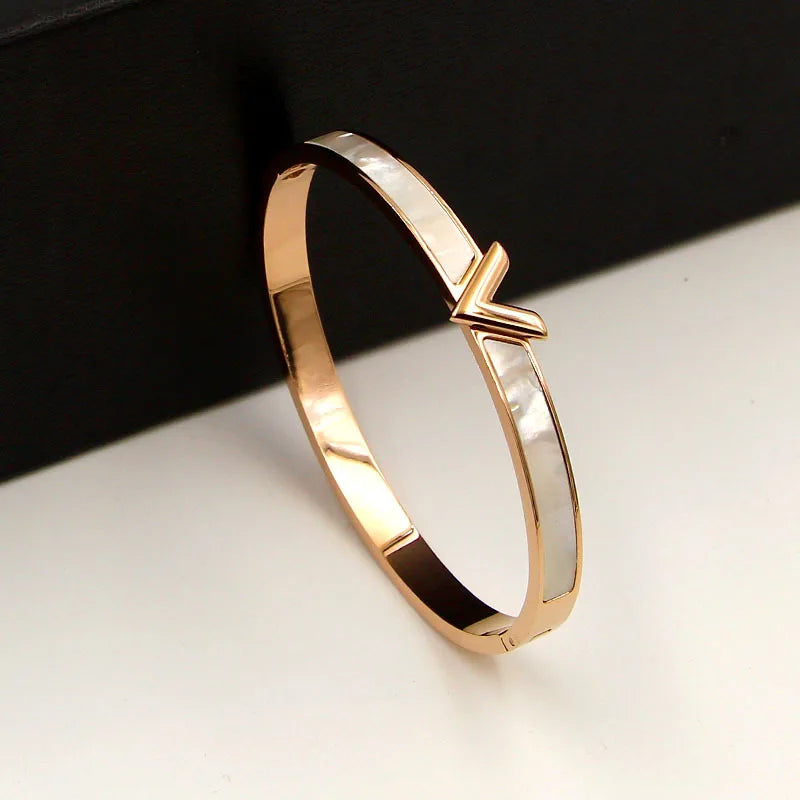 Natural Shell V Shape Bracelet & Bangle - Hollow Letter Bangle