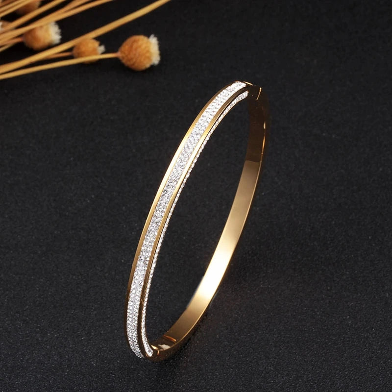 Rose Zirconia Stainless Steel Cuff Bangle Bracelet for Women