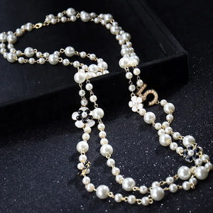 Pearl Number 5 Flower Long 2 Layer Woman Necklace
