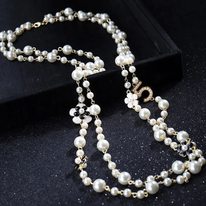 Pearl Number 5 Flower Long 2 Layer Woman Necklace