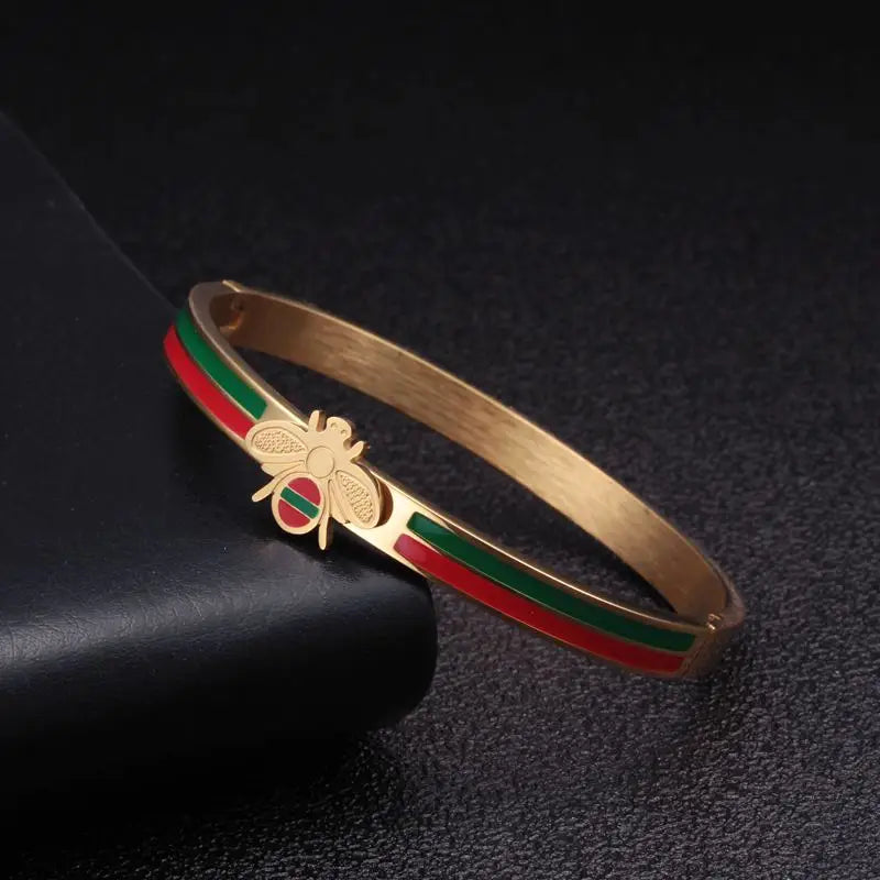 Stainless Steel Bee Charm Bangle Wedding Cuff Bracelet