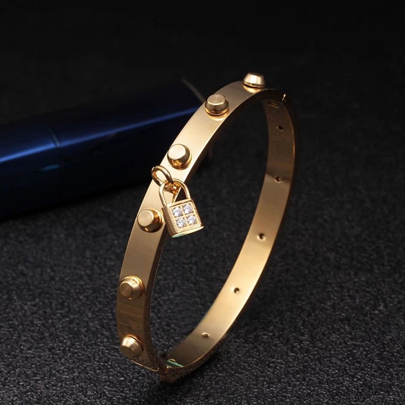 Stainless Steel Crystal Luck Charm Bangle for Women