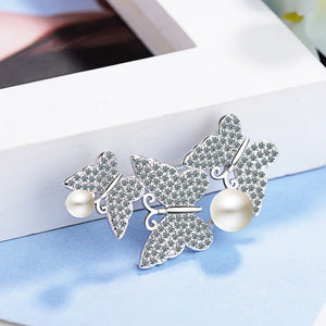 Butterfly Pearl CZ Crystal 925 Sterling Silver Brooches for Women