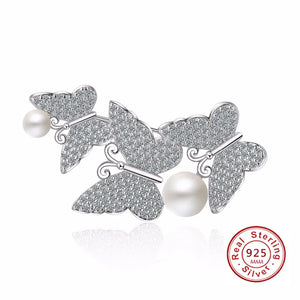 Butterfly Pearl CZ Crystal 925 Sterling Silver Brooches for Women